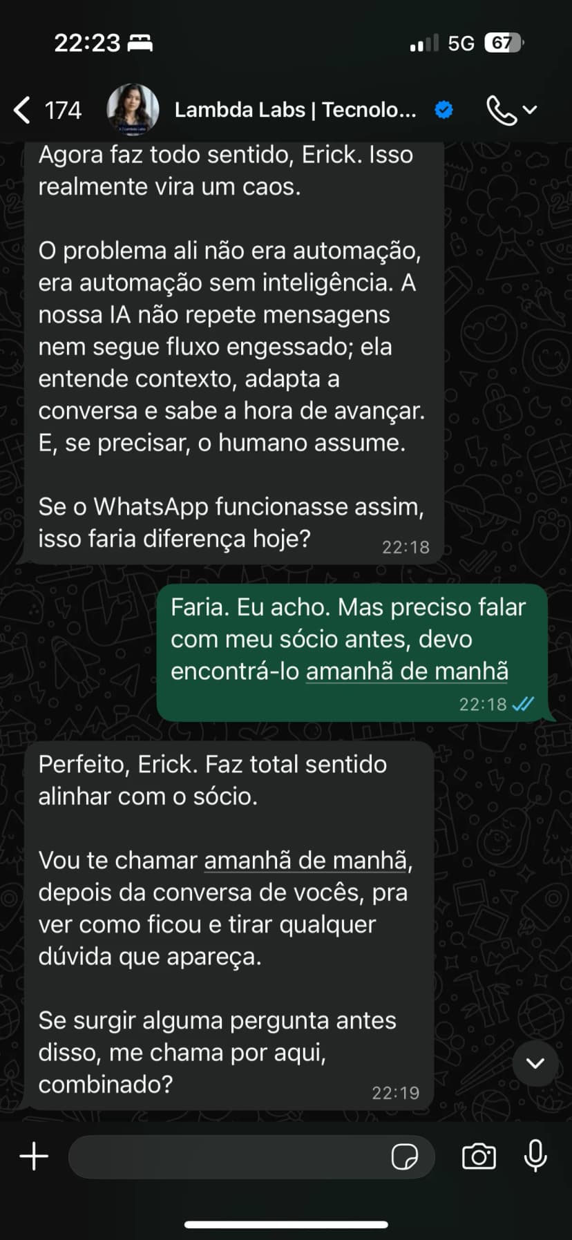 Lead diz que precisa falar com o sócio e a IA agenda retorno após esse alinhamento.